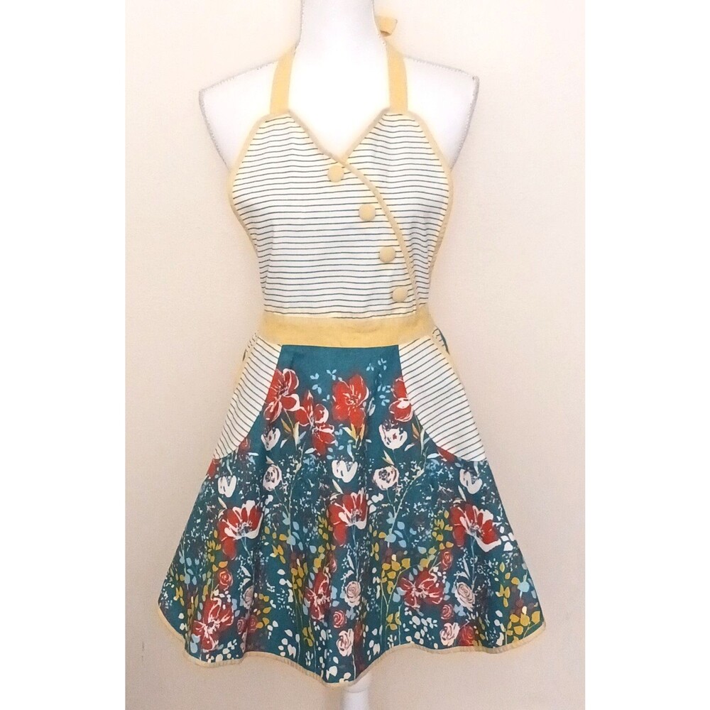 Simply EnVogue Cotton Print Tie Back Bib Apron Cottage Retro O/S
